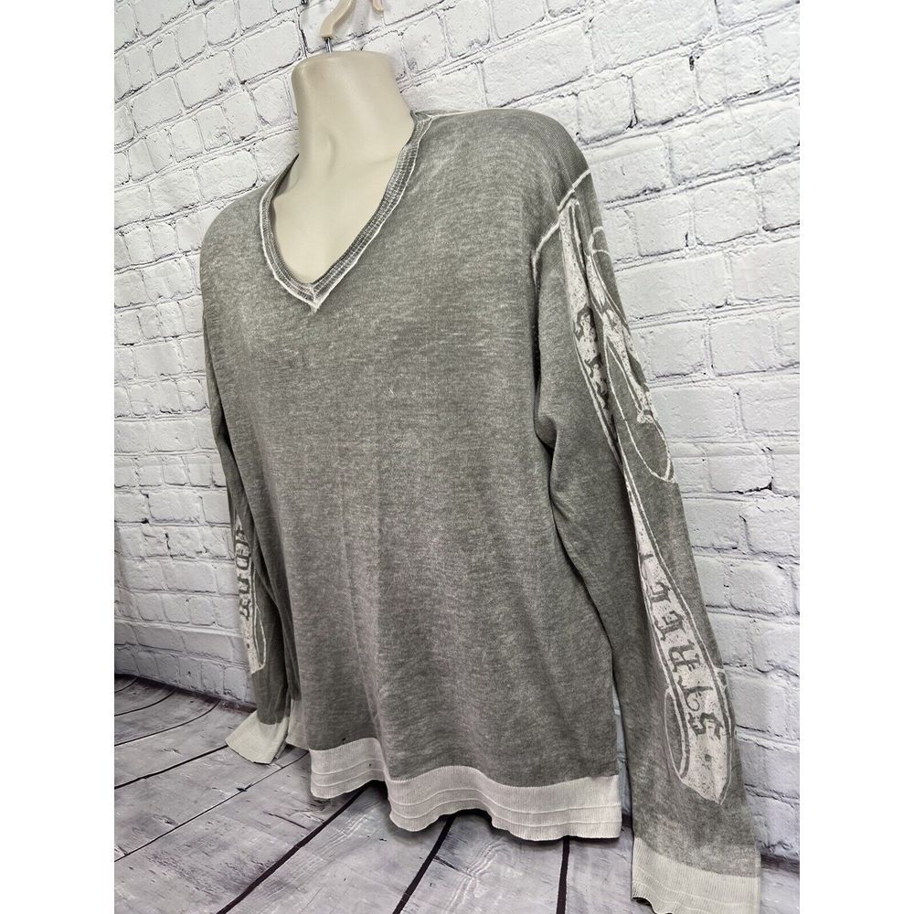 vtg y2k Guess mens thin knit graphic print v neck pullover sweater XL grey - Picture 5 of 6